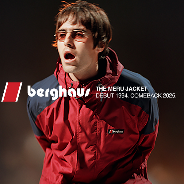 Liam Gallagher wearing a red and blue jacket, showcasing the Berghaus Meru Jacket, which debuted in 1994 and is set for a comeback in 2025.