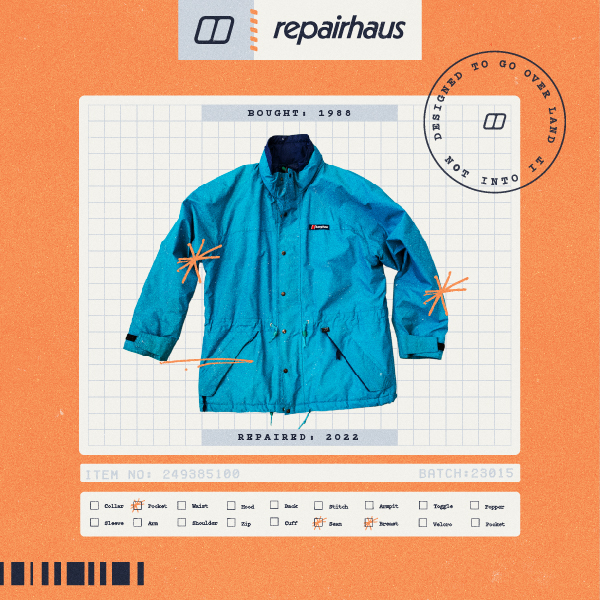 A blue jacket displayed against an orange background.